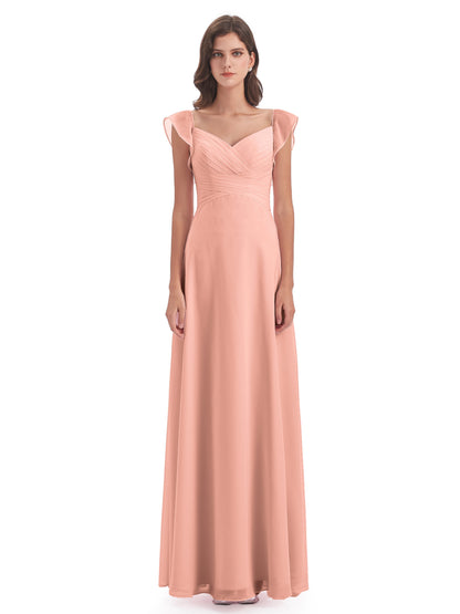 Courtney Sheath V-Neck Straps Chiffon Long Bridesmaid Dresses
