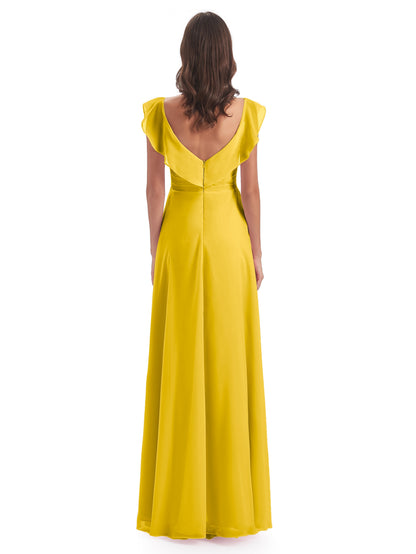 Courtney Sheath V-Neck Straps Chiffon Long Bridesmaid Dresses