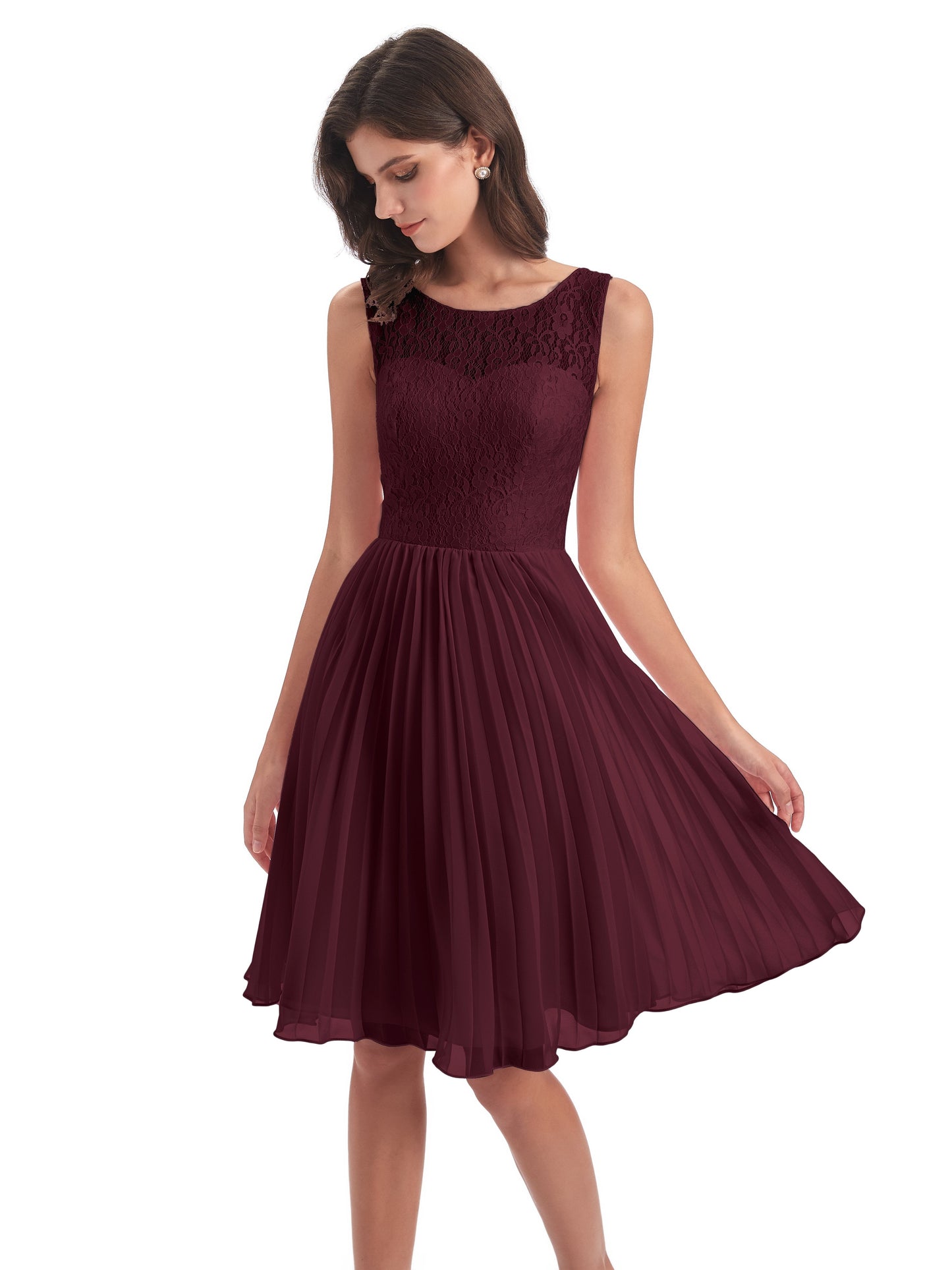Eleanor Knee Length Scoop Sleeveless Lace Bridesmaid Dresses