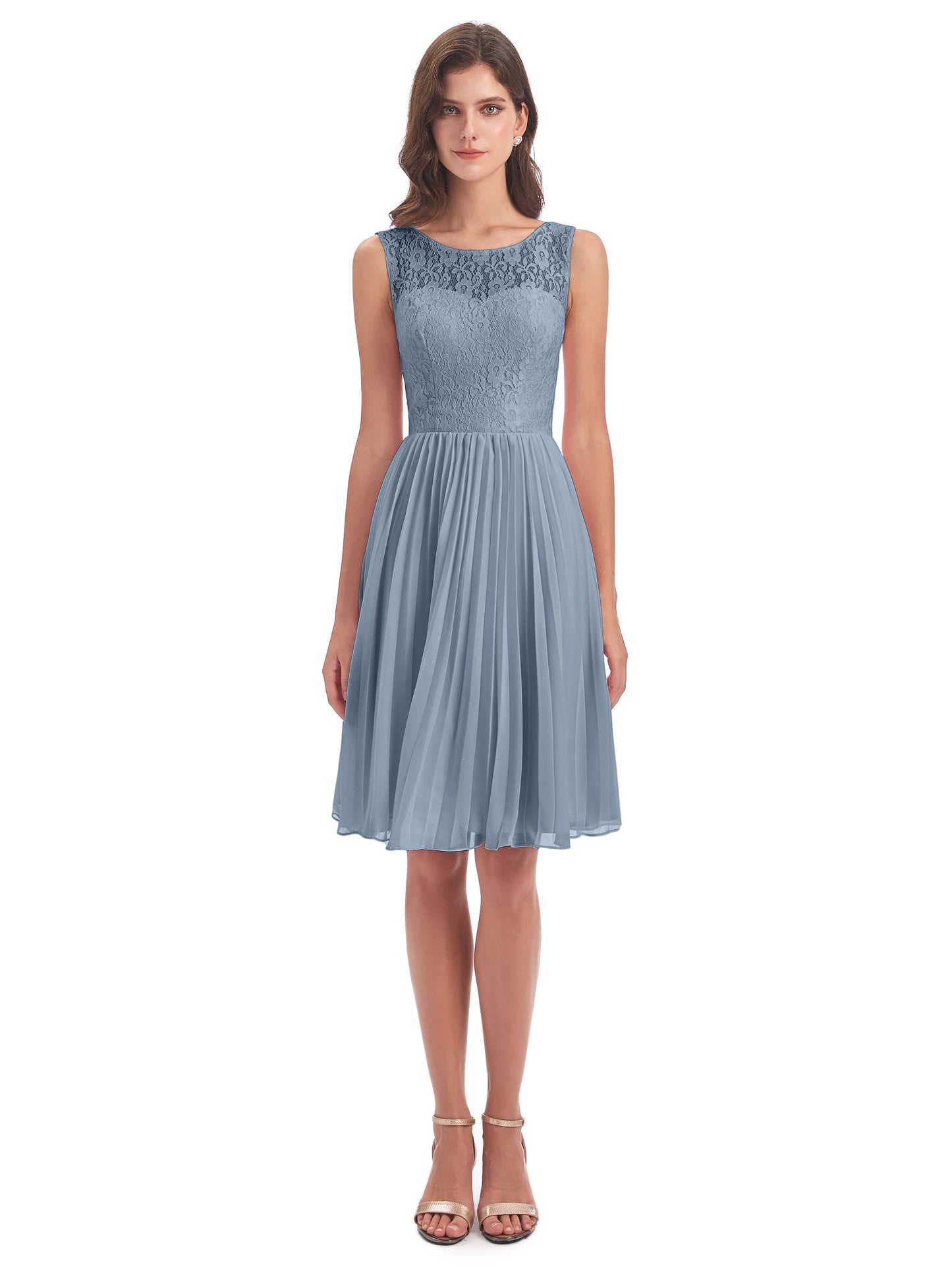 Eleanor Knee Length Scoop Sleeveless Lace Bridesmaid Dresses
