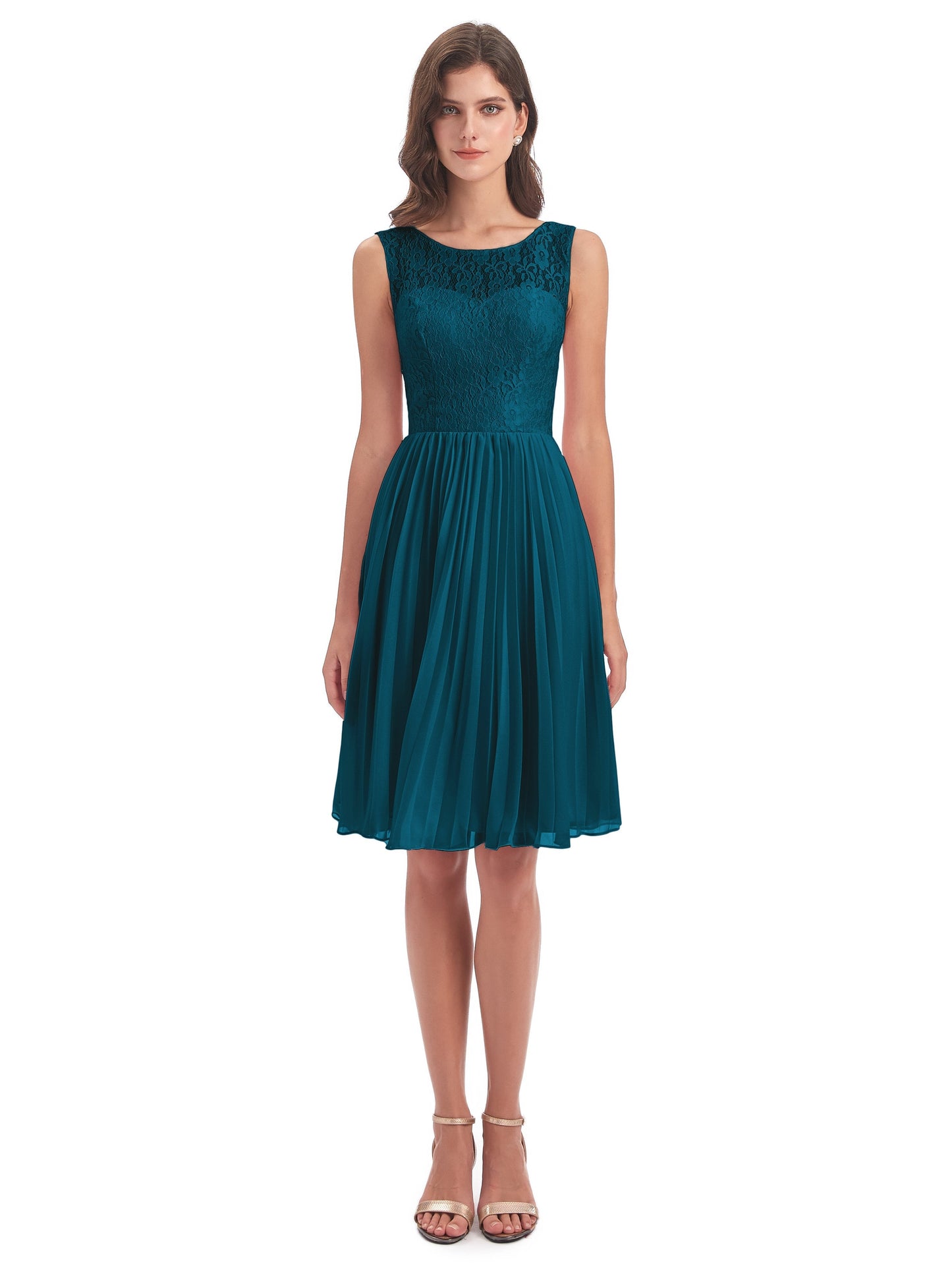Eleanor Knee Length Scoop Sleeveless Lace Bridesmaid Dresses