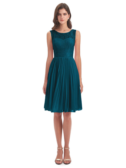 Eleanor Knee Length Scoop Sleeveless Lace Bridesmaid Dresses