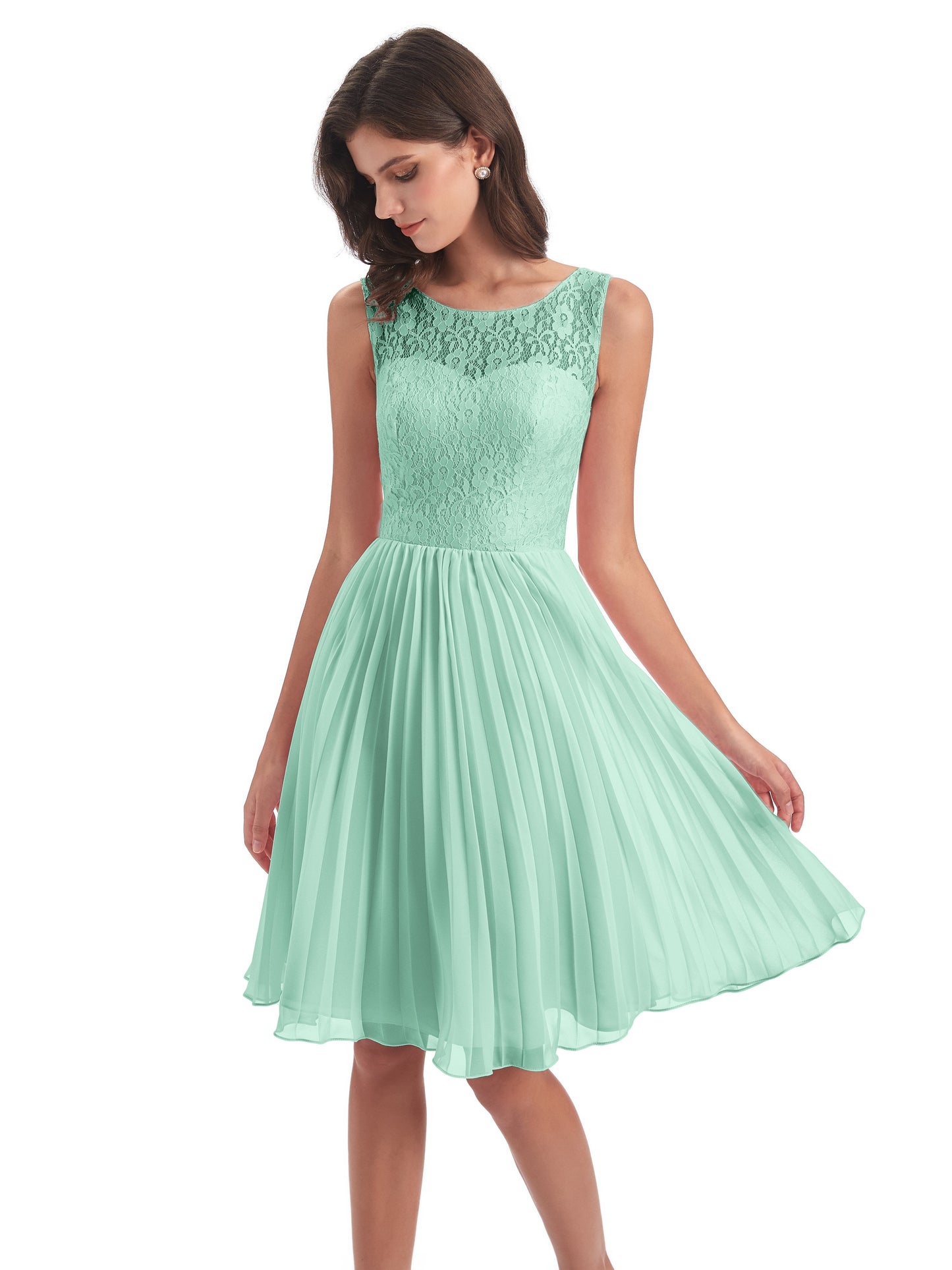 Eleanor Knee Length Scoop Sleeveless Lace Bridesmaid Dresses