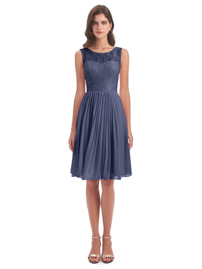 Eleanor Knee Length Scoop Sleeveless Lace Bridesmaid Dresses