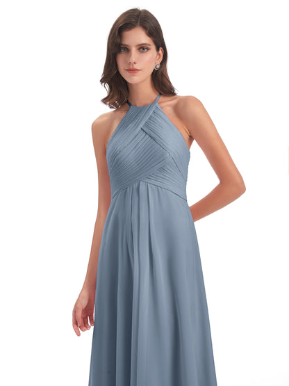 Ellison Floor Length Halter Keyhole Chiffon Bridesmaid Dresses