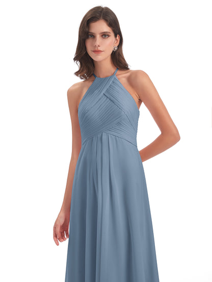 Ellison Floor Length Halter Keyhole Chiffon Bridesmaid Dresses