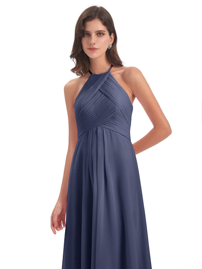 Ellison Floor Length Halter Keyhole Chiffon Bridesmaid Dresses