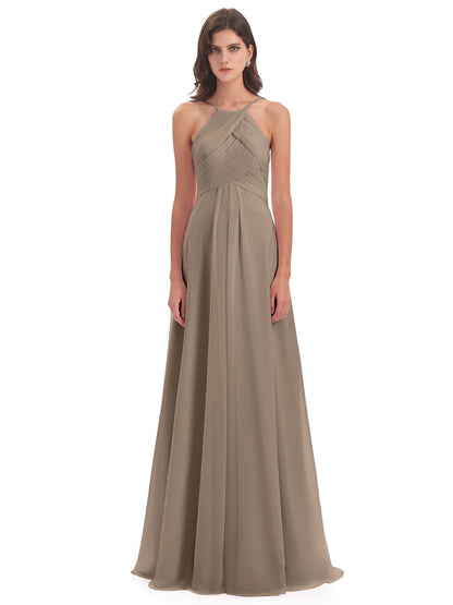 Ellison Floor Length Halter Keyhole Chiffon Bridesmaid Dresses