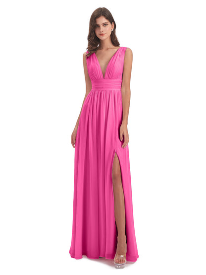 Emma Floor Length V Neck Split Chiffon Bridesmaid Dresses
