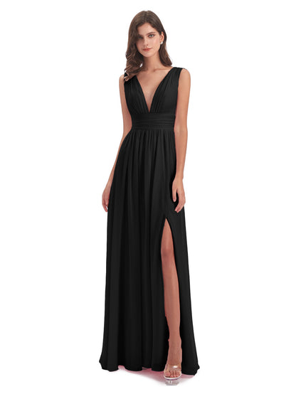 Emma Floor Length V Neck Split Chiffon Bridesmaid Dresses