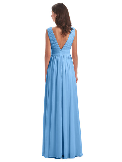 Emma Floor Length V Neck Split Chiffon Bridesmaid Dresses