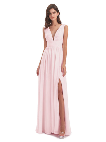 Emma Floor Length V Neck Split Chiffon Bridesmaid Dresses