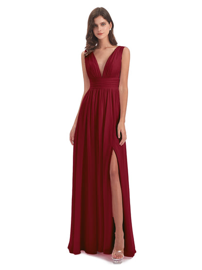 Emma Floor Length V Neck Split Chiffon Bridesmaid Dresses