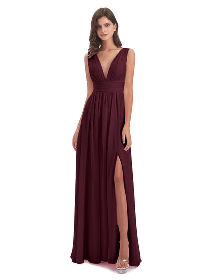 Emma Floor Length V Neck Split Chiffon Bridesmaid Dresses