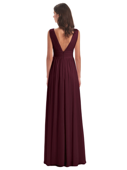 Emma Floor Length V Neck Split Chiffon Bridesmaid Dresses