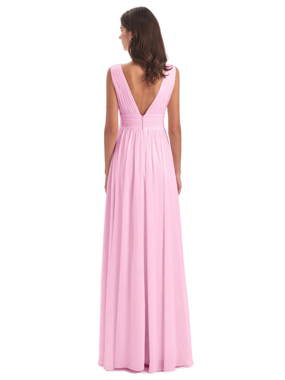 Emma Floor Length V Neck Split Chiffon Bridesmaid Dresses