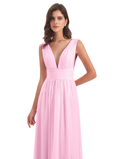 Emma Floor Length V Neck Split Chiffon Bridesmaid Dresses