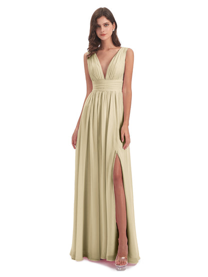 Emma Floor Length V Neck Split Chiffon Bridesmaid Dresses
