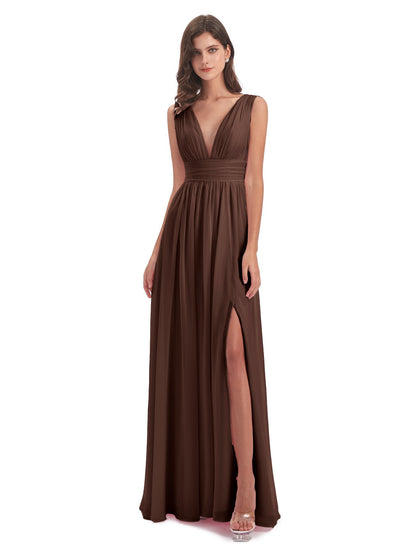 Emma Floor Length V Neck Split Chiffon Bridesmaid Dresses