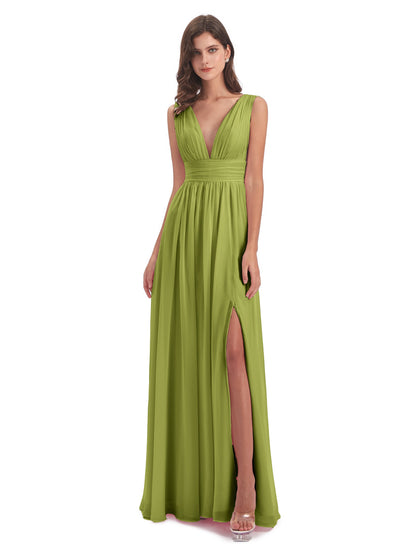 Emma Floor Length V Neck Split Chiffon Bridesmaid Dresses