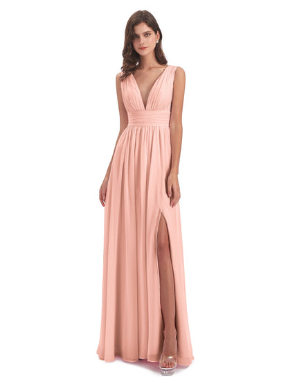 Emma Floor Length V Neck Split Chiffon Bridesmaid Dresses