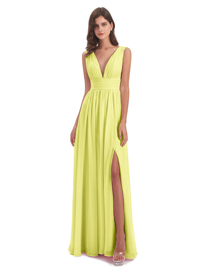 Emma Floor Length V Neck Split Chiffon Bridesmaid Dresses