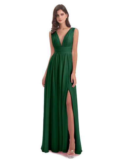 Emma Floor Length V Neck Split Chiffon Bridesmaid Dresses