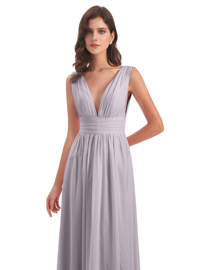 Emma Floor Length V Neck Split Chiffon Bridesmaid Dresses