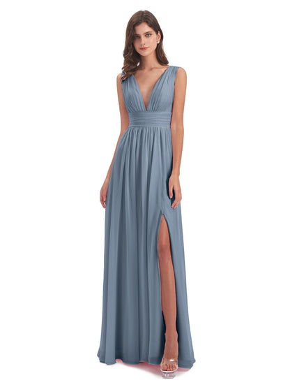 Emma Floor Length V Neck Split Chiffon Bridesmaid Dresses