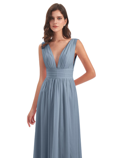 Emma Floor Length V Neck Split Chiffon Bridesmaid Dresses