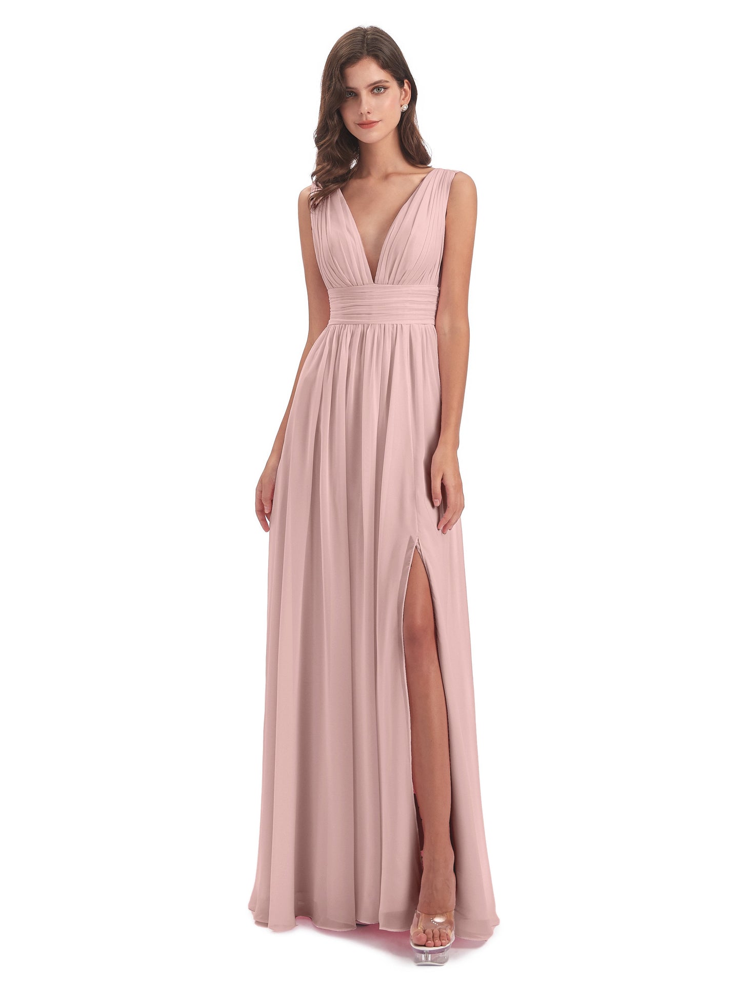 Emma Floor Length V Neck Split Chiffon Bridesmaid Dresses