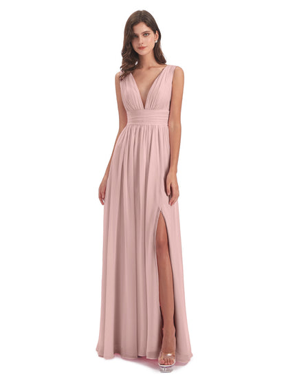Emma Floor Length V Neck Split Chiffon Bridesmaid Dresses