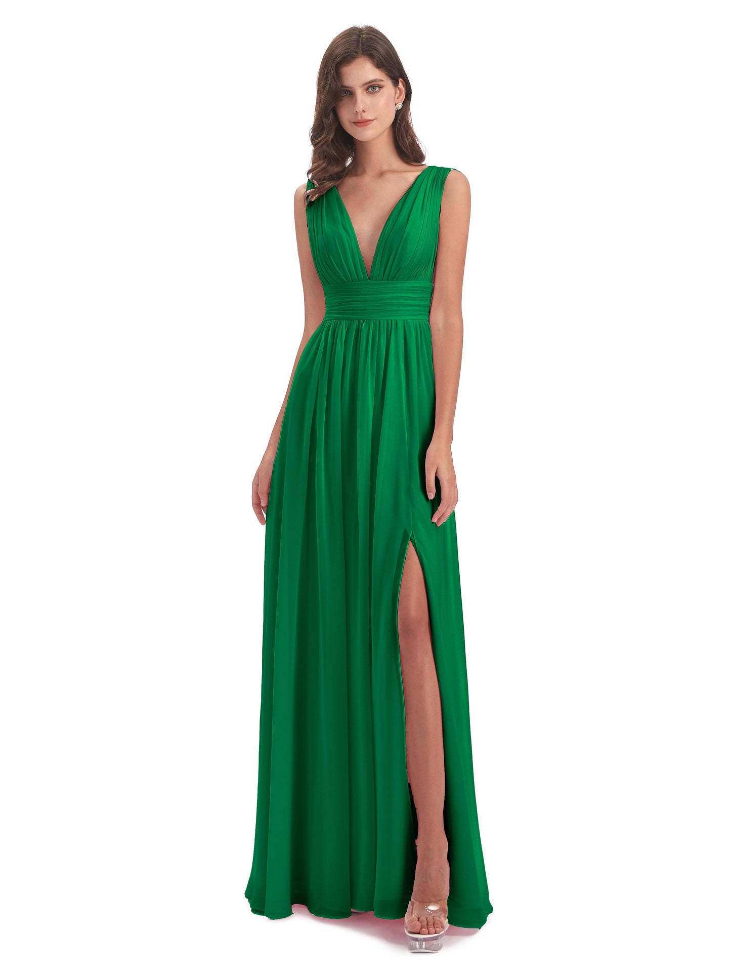 Emma Floor Length V Neck Split Chiffon Bridesmaid Dresses