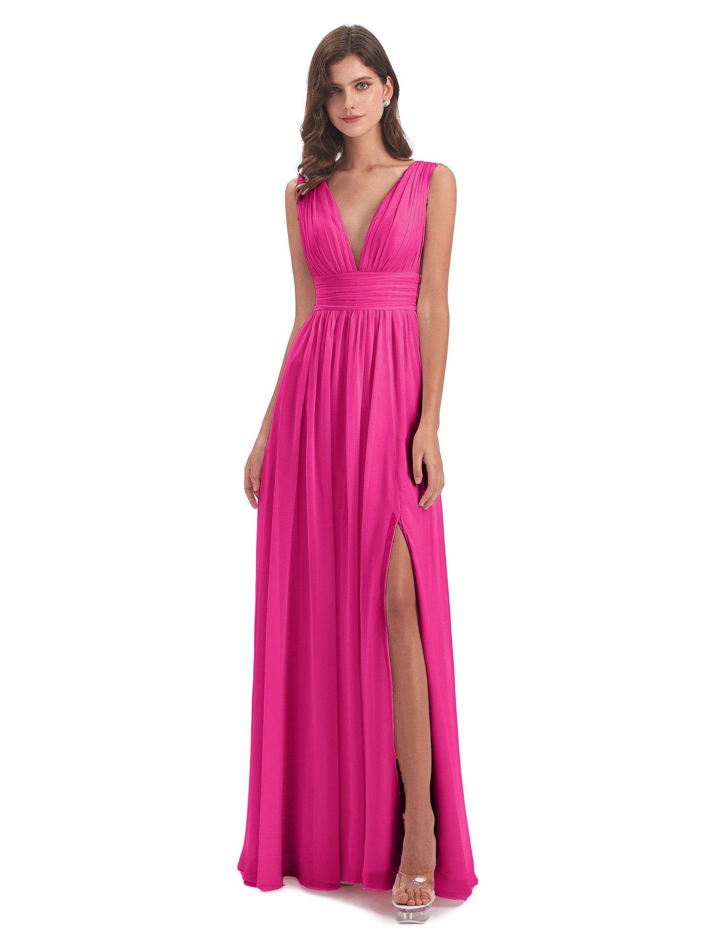 Emma Floor Length V Neck Split Chiffon Bridesmaid Dresses