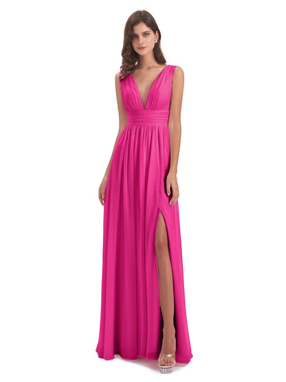 Emma Floor Length V Neck Split Chiffon Bridesmaid Dresses