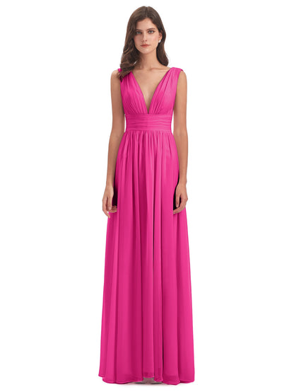 Emma Floor Length V Neck Split Chiffon Bridesmaid Dresses
