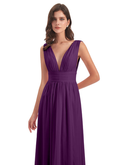 Emma Floor Length V Neck Split Chiffon Bridesmaid Dresses