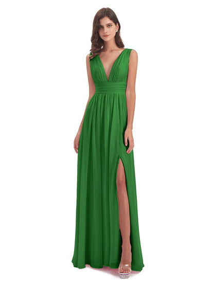 Emma Floor Length V Neck Split Chiffon Bridesmaid Dresses