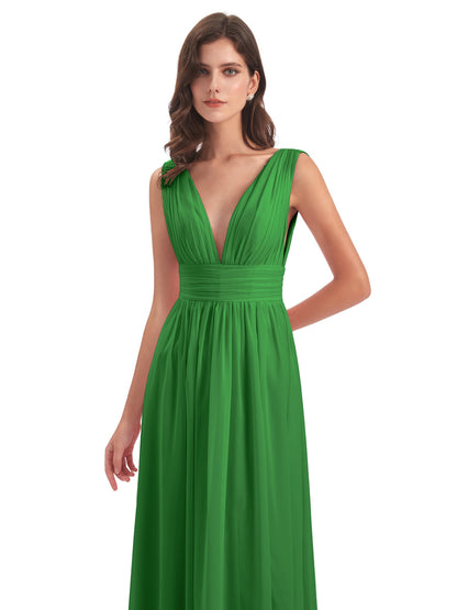 Emma Floor Length V Neck Split Chiffon Bridesmaid Dresses