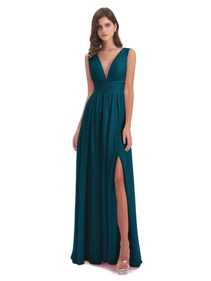 Emma Floor Length V Neck Split Chiffon Bridesmaid Dresses