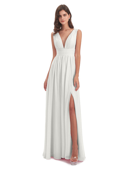 Emma Floor Length V Neck Split Chiffon Bridesmaid Dresses