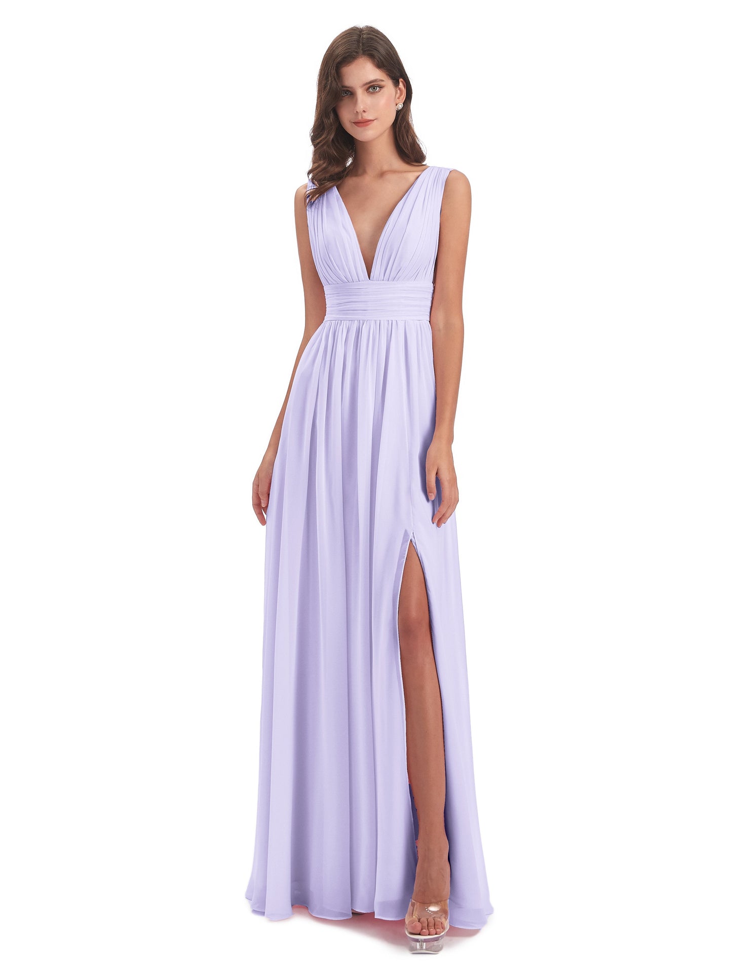 Emma Floor Length V Neck Split Chiffon Bridesmaid Dresses