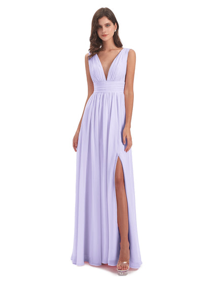 Emma Floor Length V Neck Split Chiffon Bridesmaid Dresses