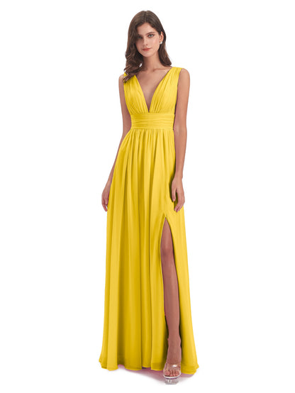 Emma Floor Length V Neck Split Chiffon Bridesmaid Dresses