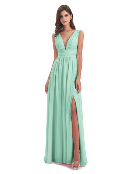 Emma Floor Length V Neck Split Chiffon Bridesmaid Dresses