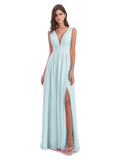Emma Floor Length V Neck Split Chiffon Bridesmaid Dresses
