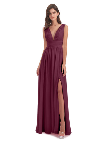 Emma Floor Length V Neck Split Chiffon Bridesmaid Dresses
