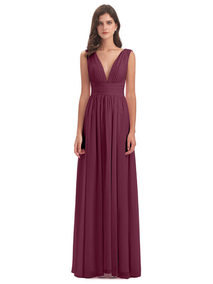 Emma Floor Length V Neck Split Chiffon Bridesmaid Dresses