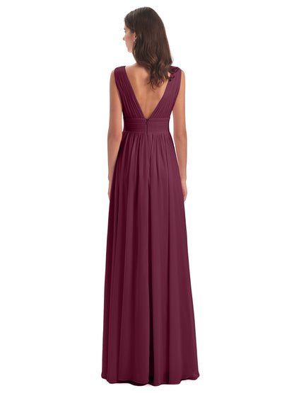 Emma Floor Length V Neck Split Chiffon Bridesmaid Dresses