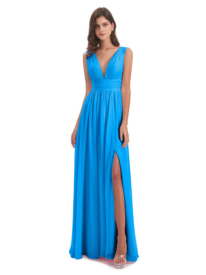 Emma Floor Length V Neck Split Chiffon Bridesmaid Dresses